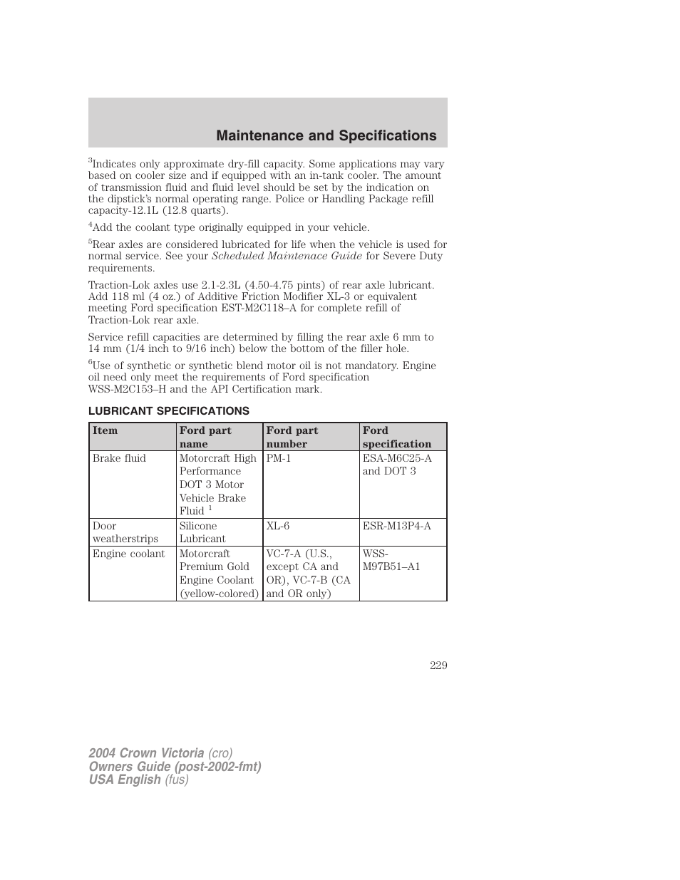 Maintenance and specifications | FORD 2004 Crown Victoria v.2 User Manual | Page 229 / 248