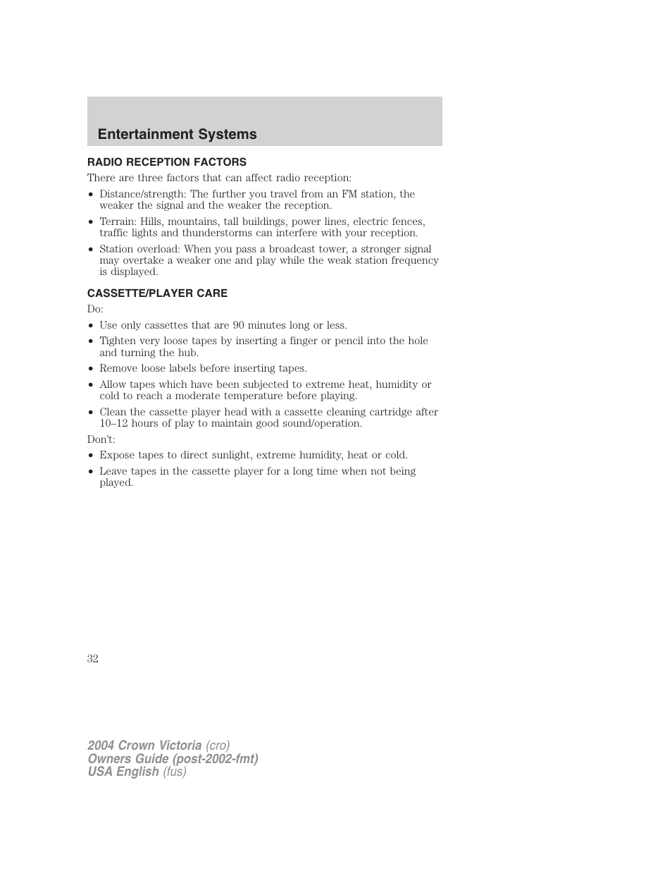 Entertainment systems | FORD 2004 Crown Victoria v.2 User Manual | Page 32 / 248