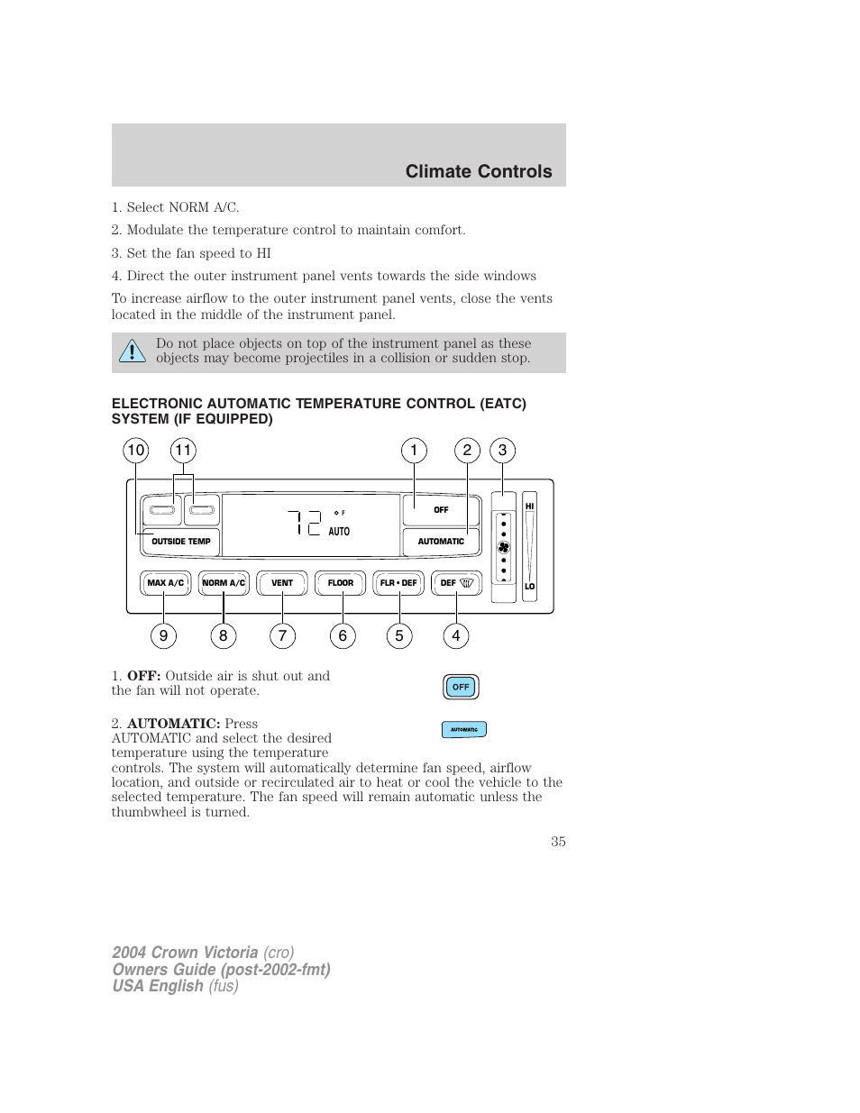 Climate controls | FORD 2004 Crown Victoria v.2 User Manual | Page 35 / 248