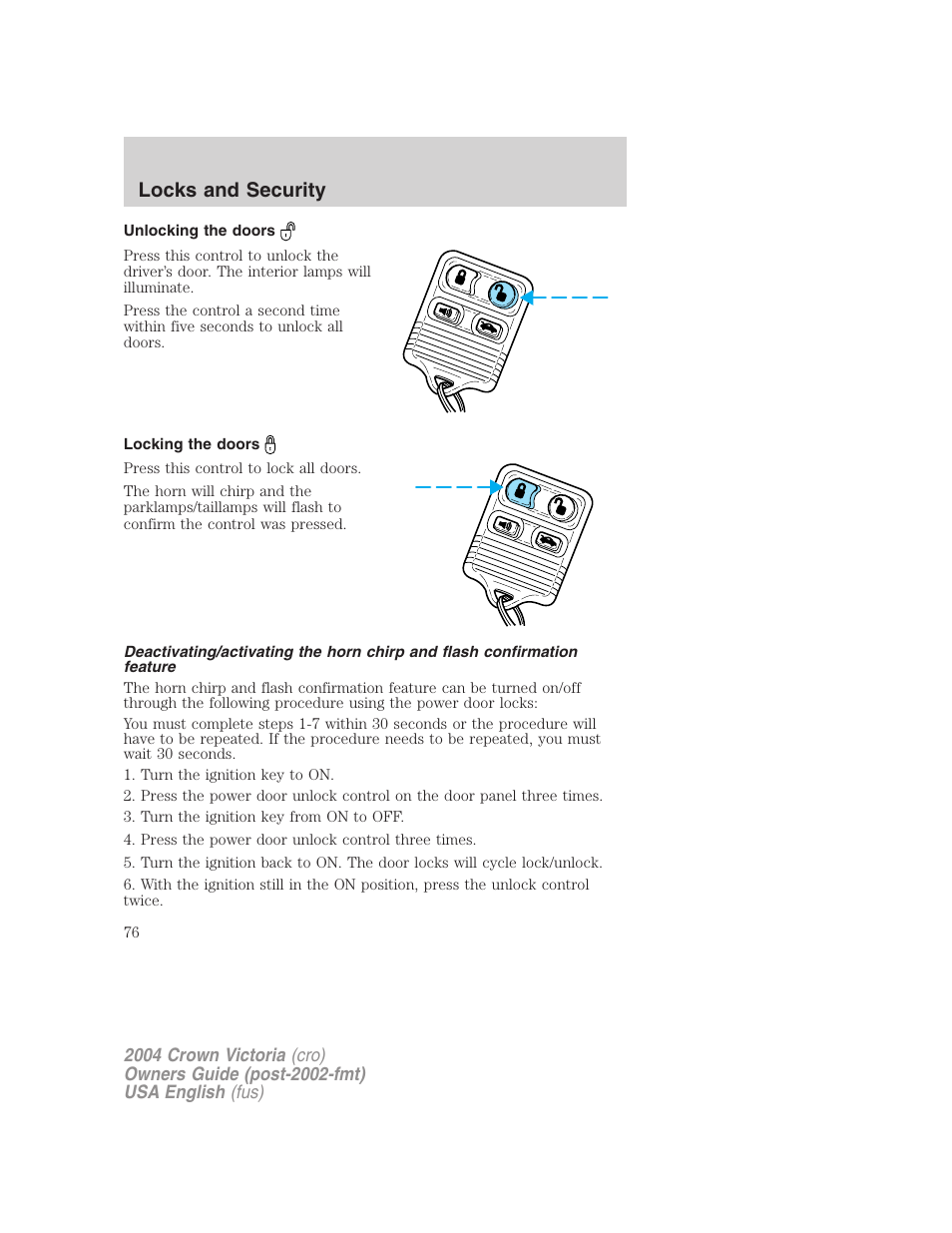 Locks and security | FORD 2004 Crown Victoria v.2 User Manual | Page 76 / 248