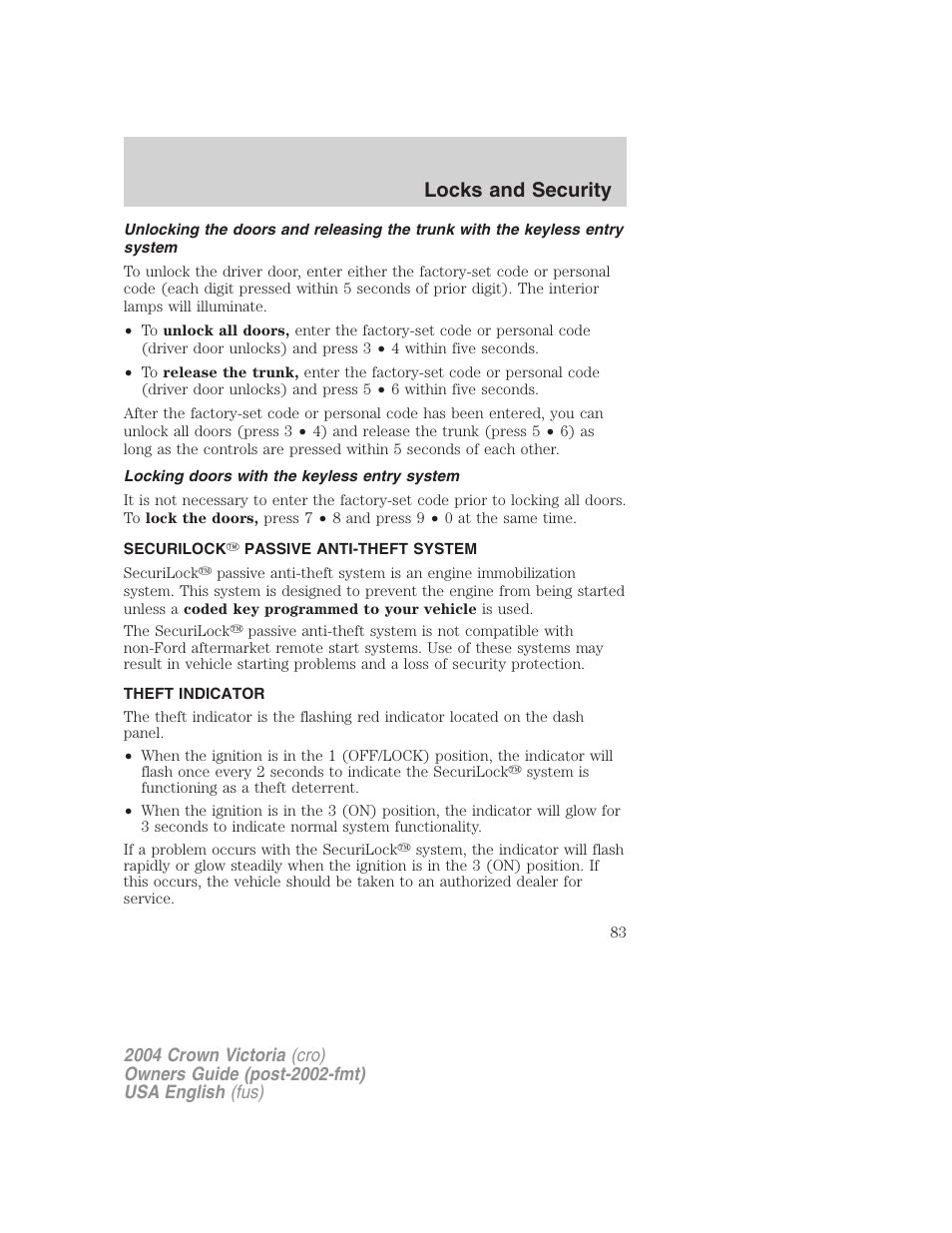 Locks and security | FORD 2004 Crown Victoria v.2 User Manual | Page 83 / 248