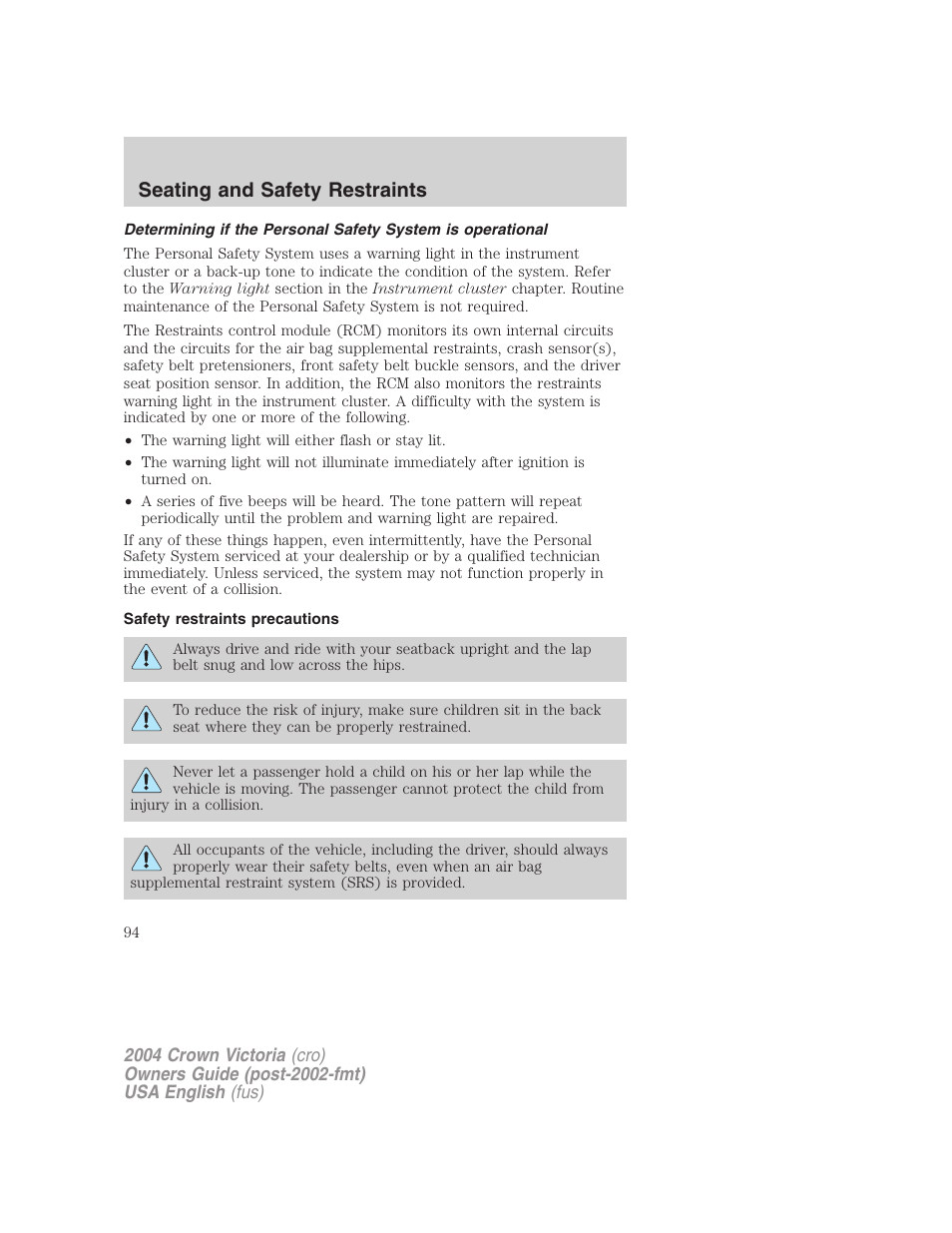 Seating and safety restraints | FORD 2004 Crown Victoria v.2 User Manual | Page 94 / 248