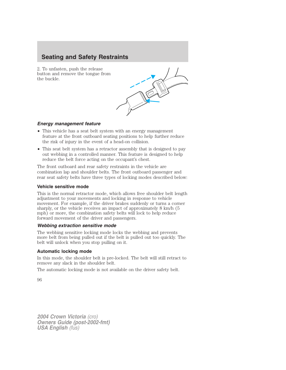 Seating and safety restraints | FORD 2004 Crown Victoria v.2 User Manual | Page 96 / 248