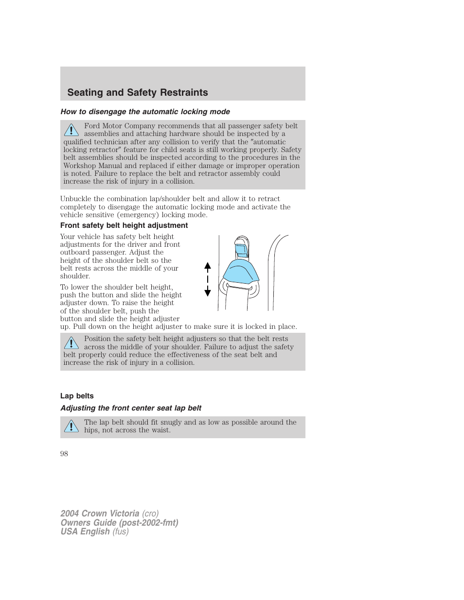 Seating and safety restraints | FORD 2004 Crown Victoria v.2 User Manual | Page 98 / 248