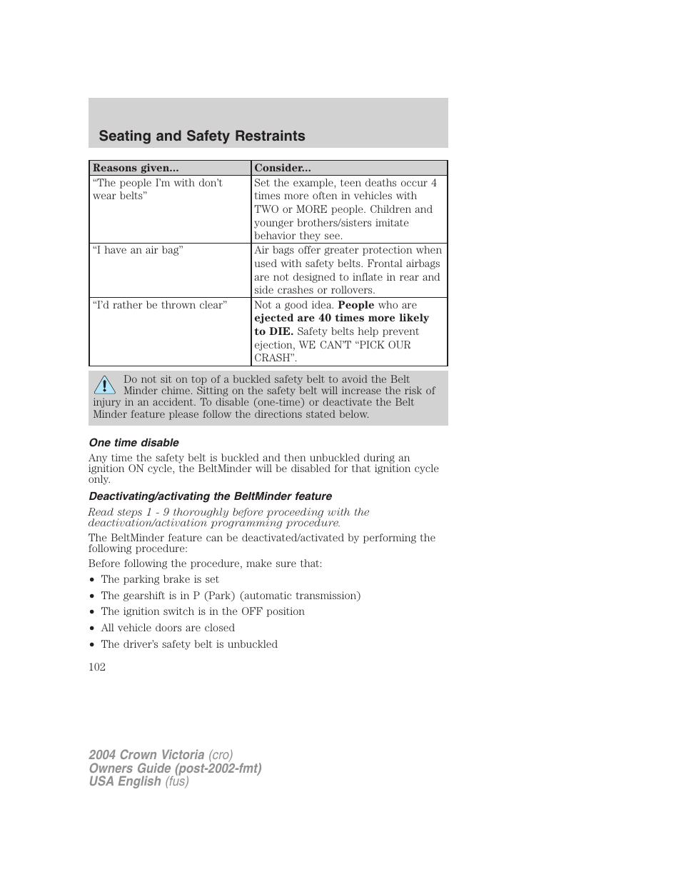 Seating and safety restraints | FORD 2004 Crown Victoria v.3 User Manual | Page 102 / 248