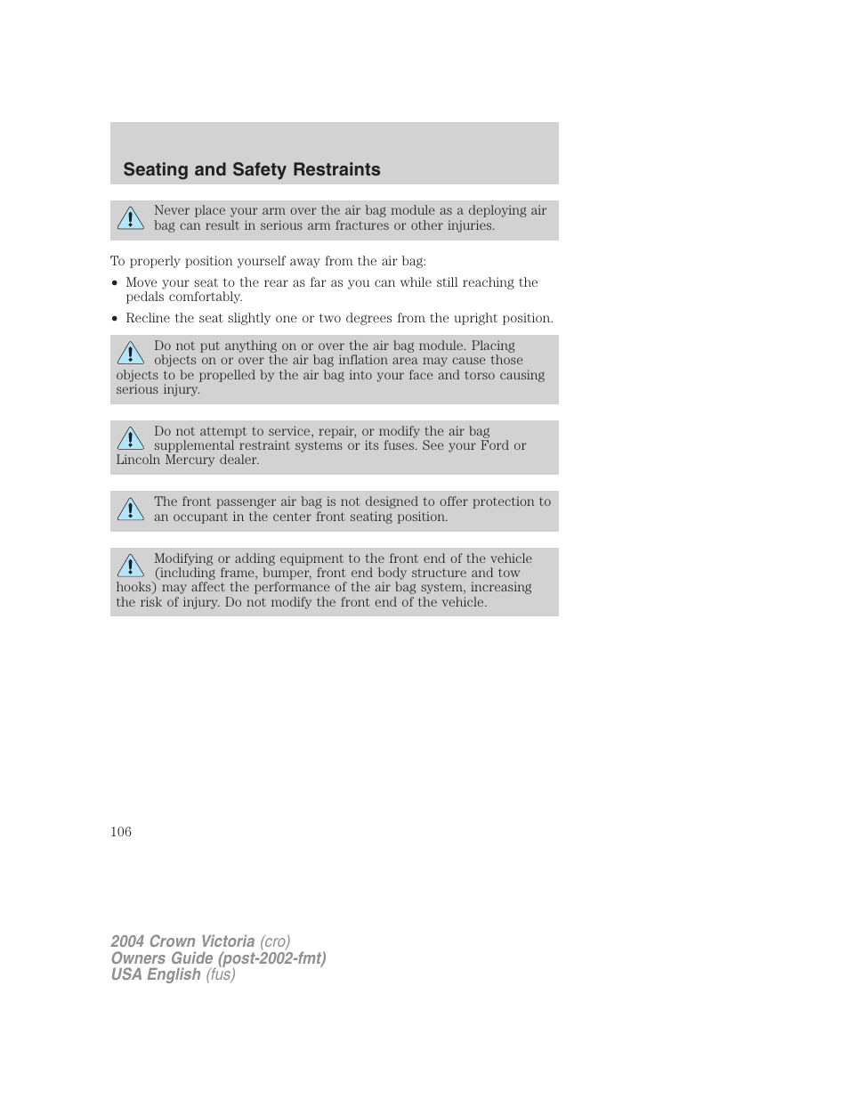 Seating and safety restraints | FORD 2004 Crown Victoria v.3 User Manual | Page 106 / 248