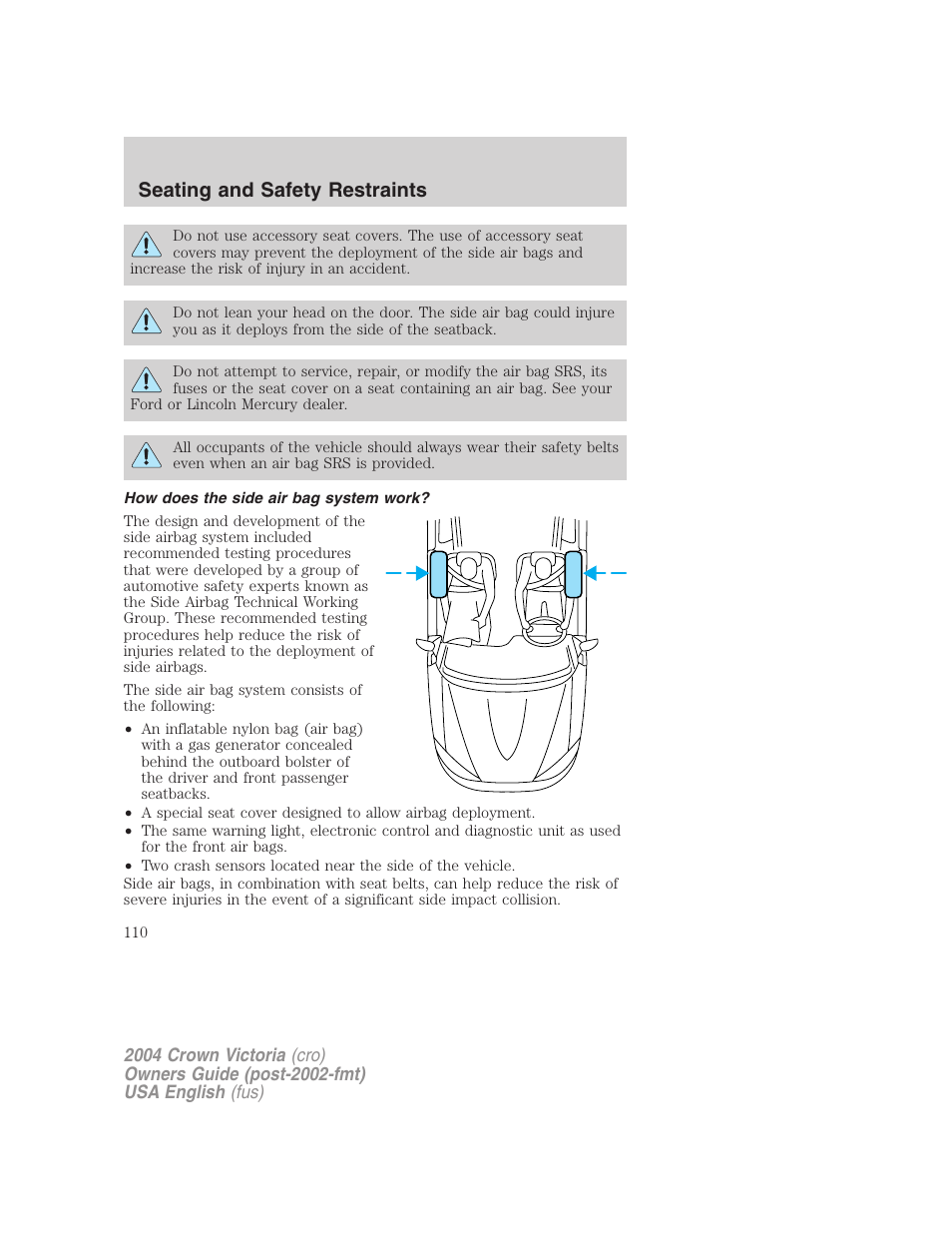 Seating and safety restraints | FORD 2004 Crown Victoria v.3 User Manual | Page 110 / 248