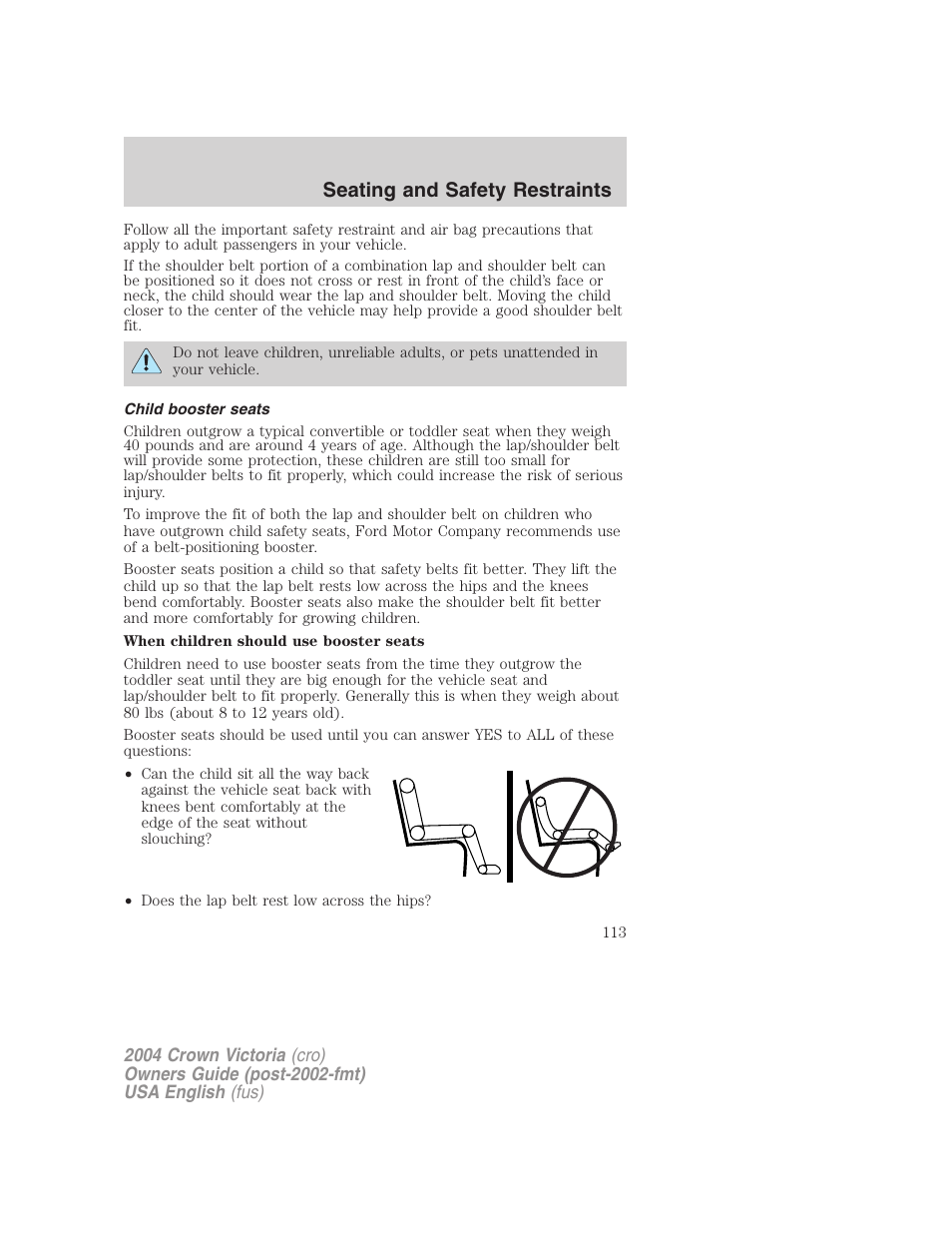 Seating and safety restraints | FORD 2004 Crown Victoria v.3 User Manual | Page 113 / 248