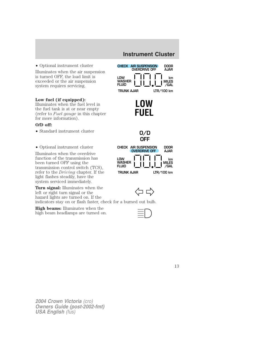 Low fuel, Instrument cluster, O/d off | FORD 2004 Crown Victoria v.3 User Manual | Page 13 / 248