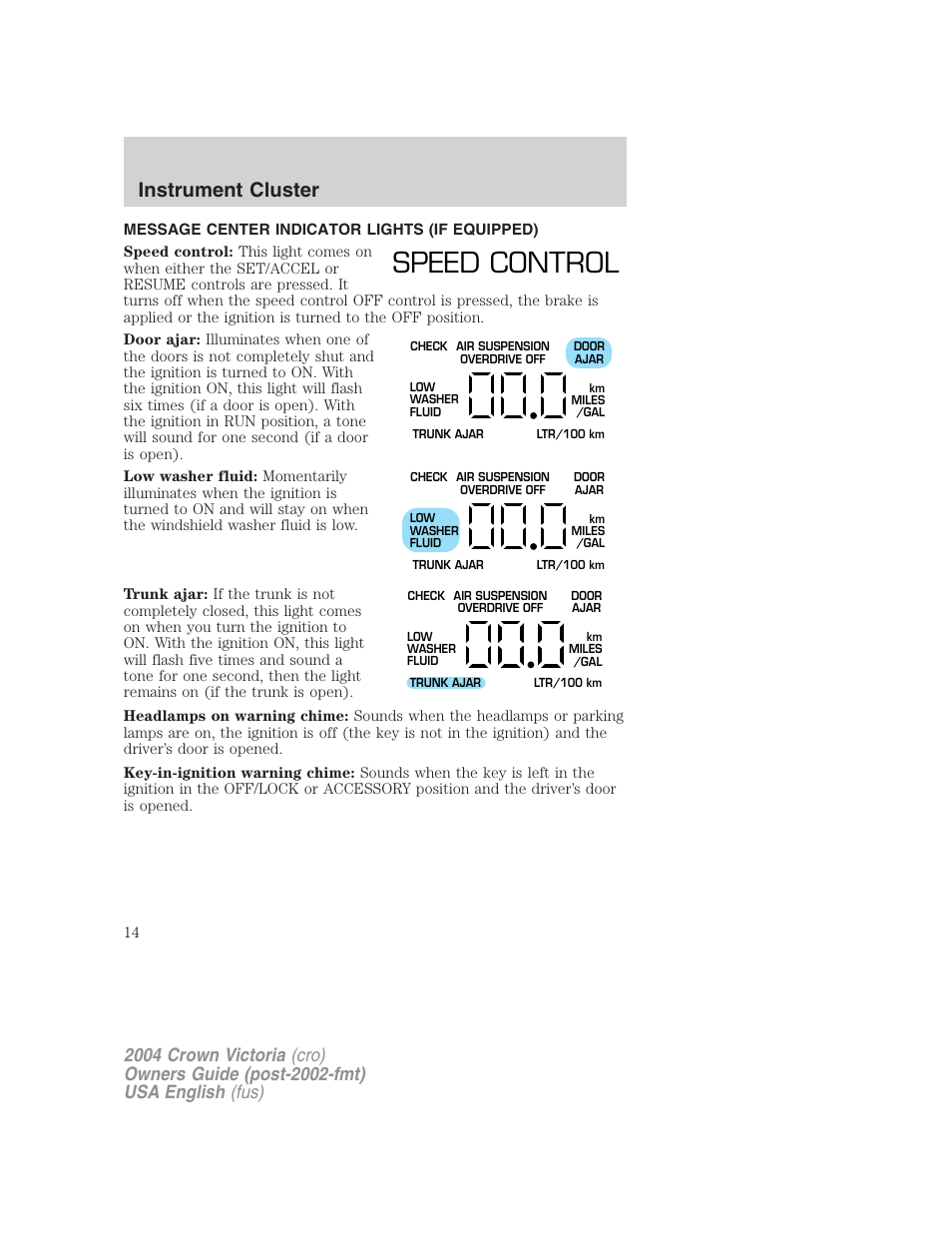 Speed control, Instrument cluster | FORD 2004 Crown Victoria v.3 User Manual | Page 14 / 248