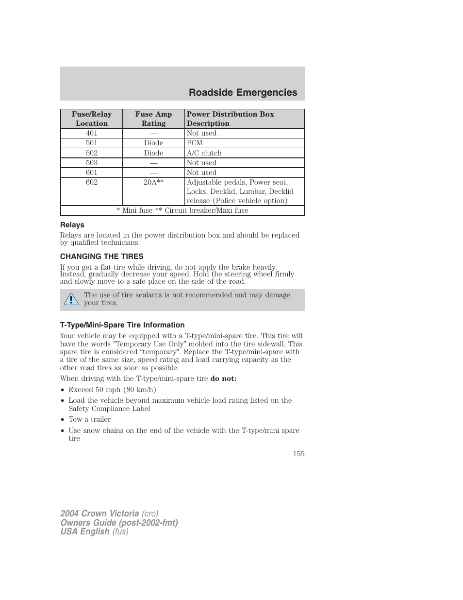 Roadside emergencies | FORD 2004 Crown Victoria v.3 User Manual | Page 155 / 248