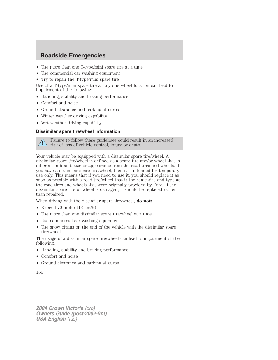 Roadside emergencies | FORD 2004 Crown Victoria v.3 User Manual | Page 156 / 248