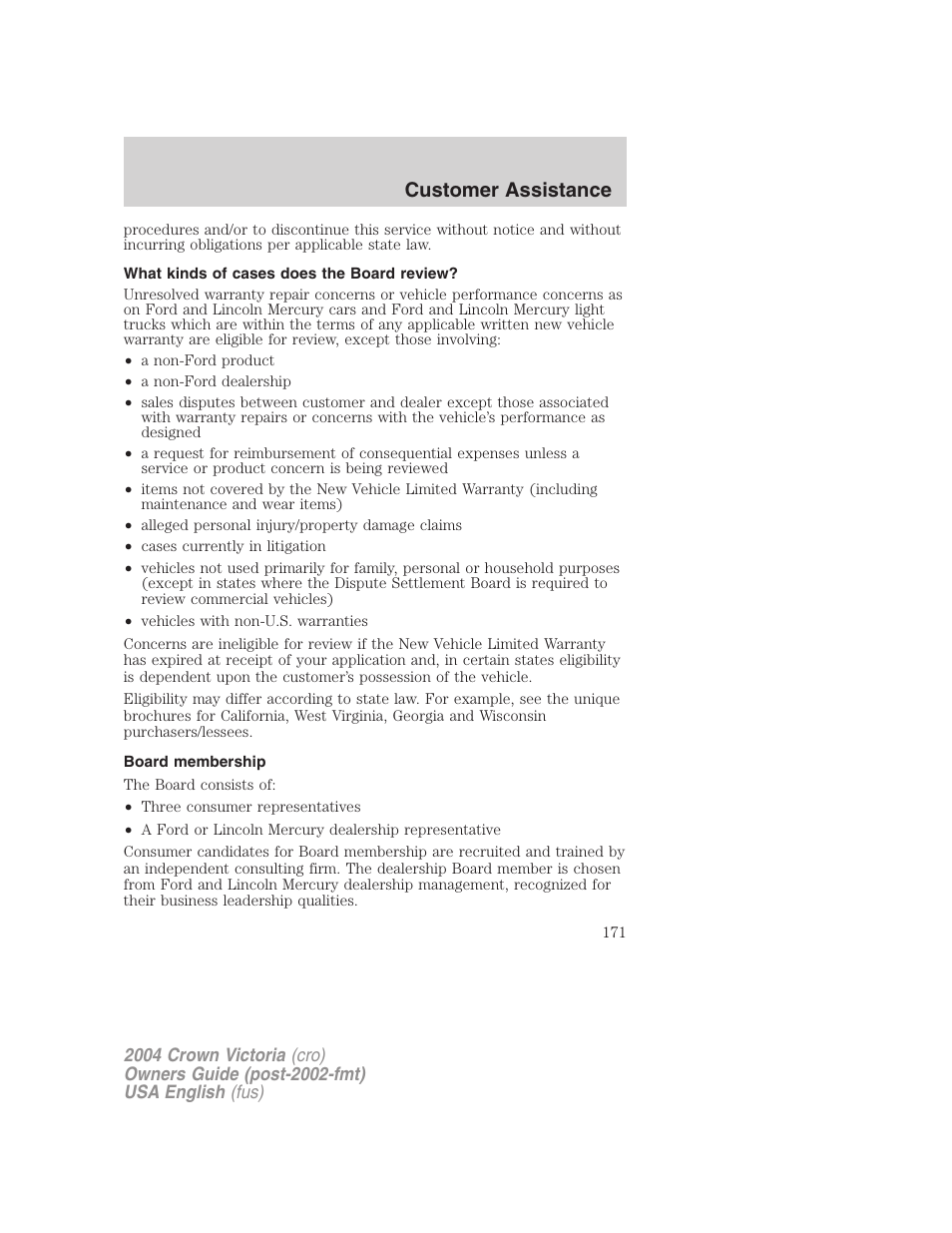 Customer assistance | FORD 2004 Crown Victoria v.3 User Manual | Page 171 / 248