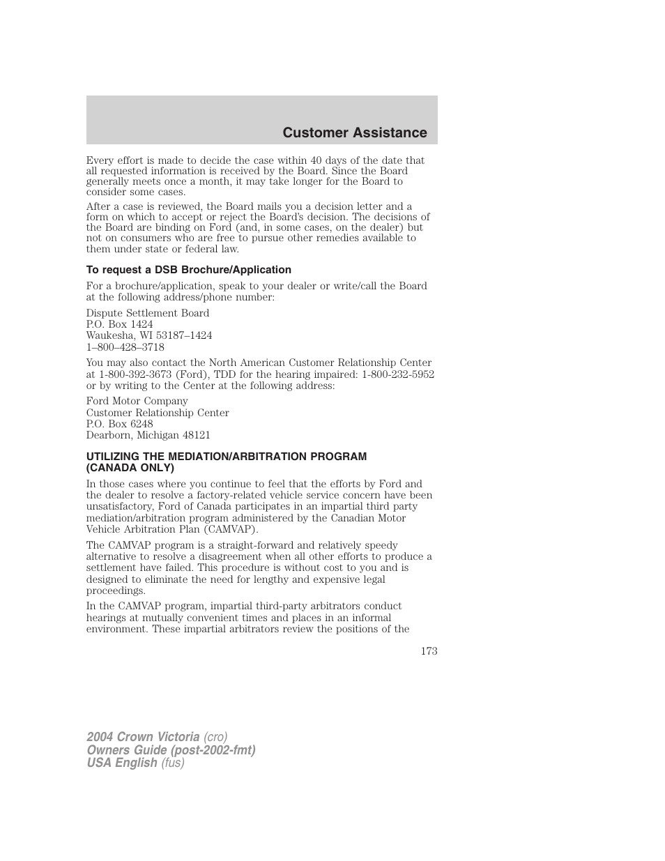 Customer assistance | FORD 2004 Crown Victoria v.3 User Manual | Page 173 / 248