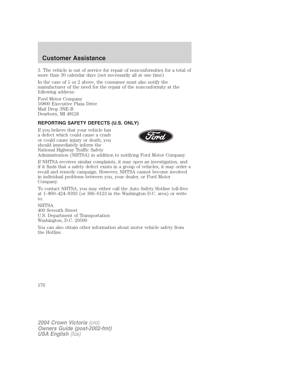 Customer assistance | FORD 2004 Crown Victoria v.3 User Manual | Page 176 / 248