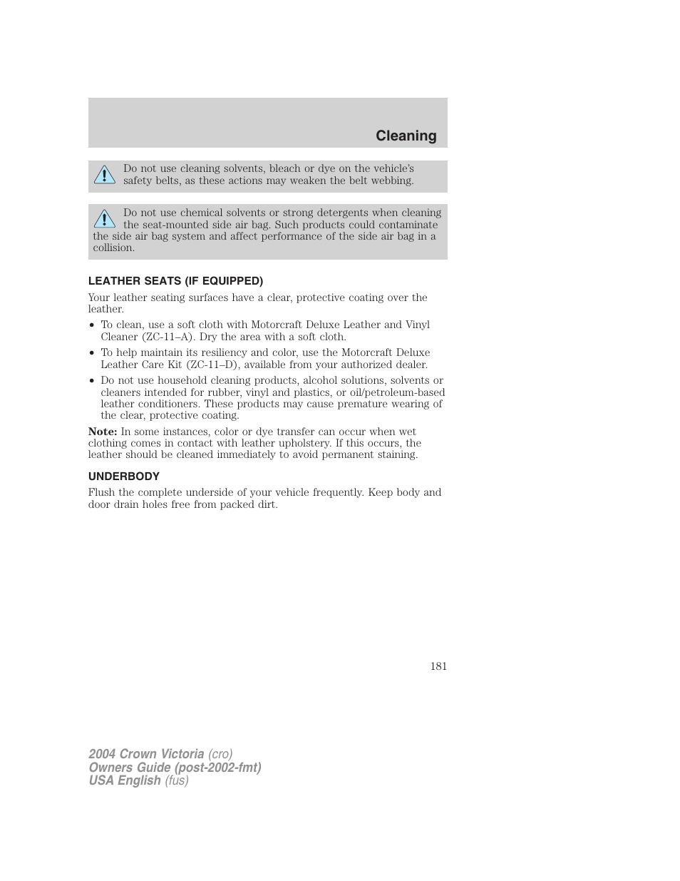 Cleaning | FORD 2004 Crown Victoria v.3 User Manual | Page 181 / 248