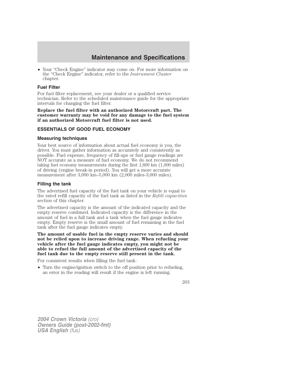 Maintenance and specifications | FORD 2004 Crown Victoria v.3 User Manual | Page 203 / 248