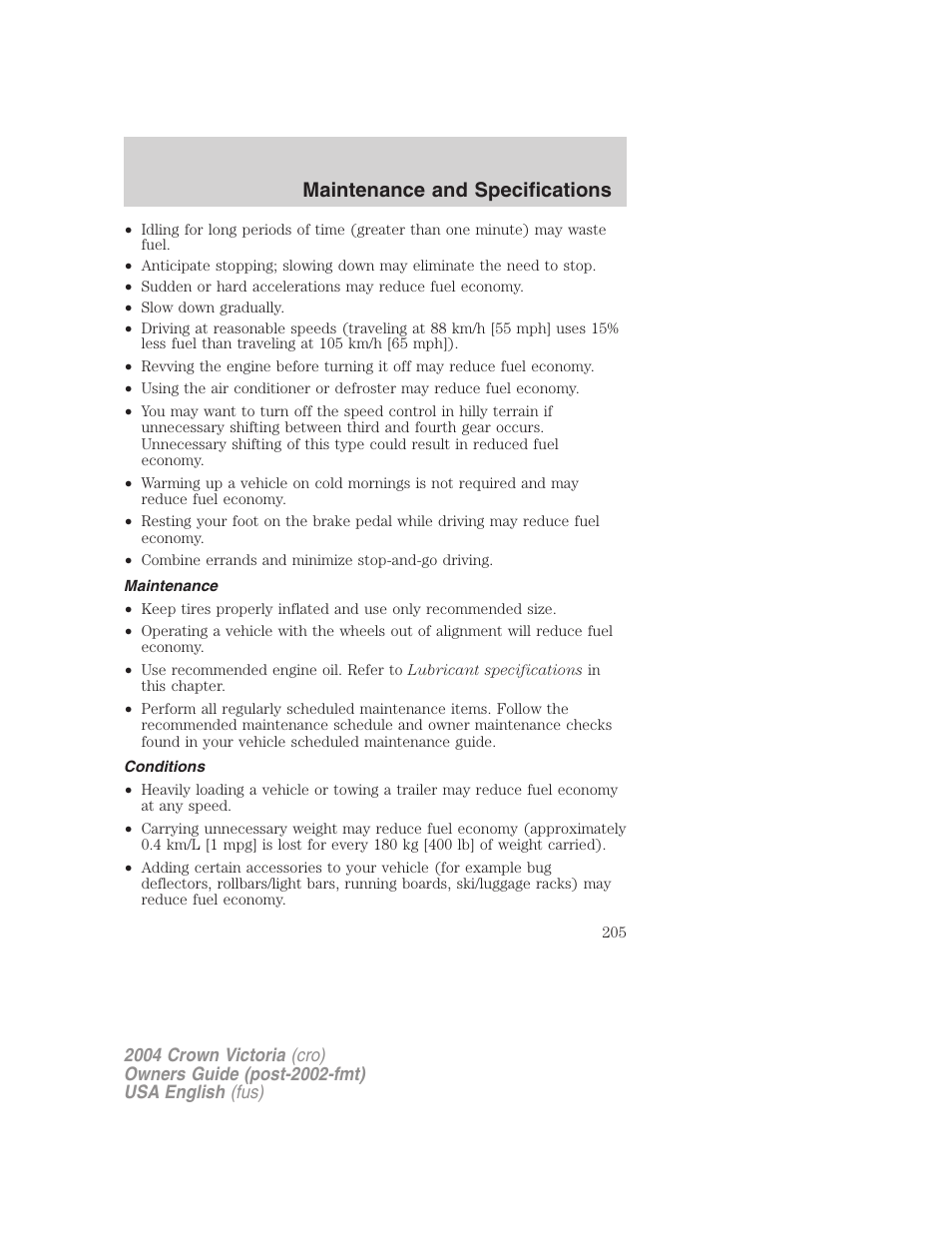 Maintenance and specifications | FORD 2004 Crown Victoria v.3 User Manual | Page 205 / 248