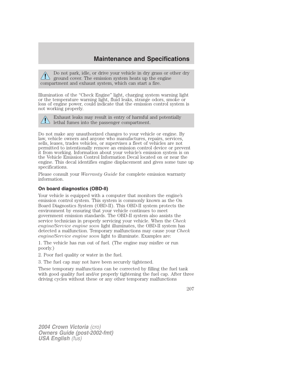 Maintenance and specifications | FORD 2004 Crown Victoria v.3 User Manual | Page 207 / 248