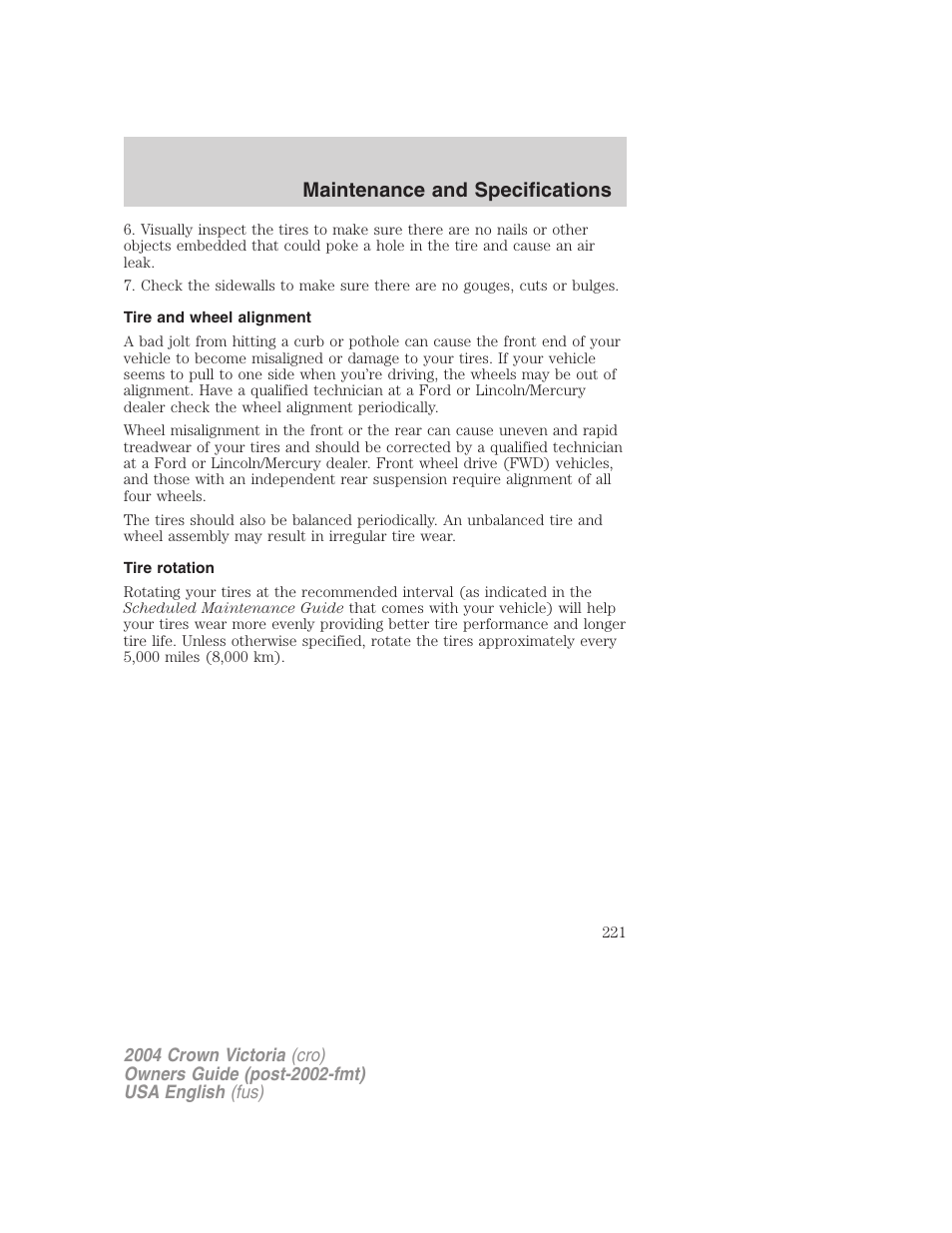 Maintenance and specifications | FORD 2004 Crown Victoria v.3 User Manual | Page 221 / 248