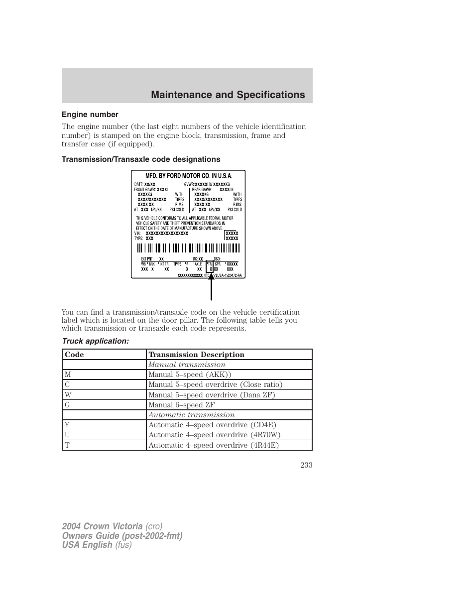 Maintenance and specifications | FORD 2004 Crown Victoria v.3 User Manual | Page 233 / 248