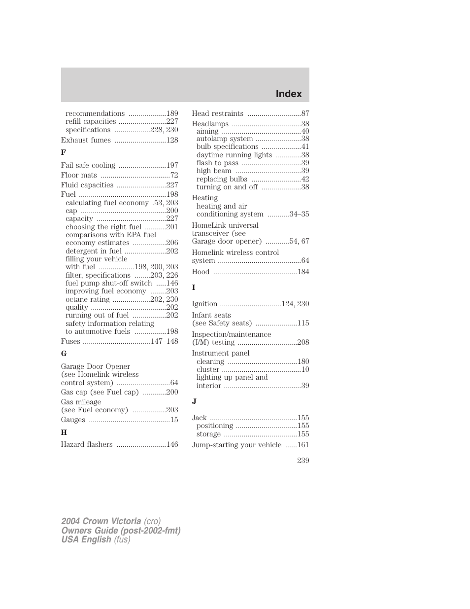 Index | FORD 2004 Crown Victoria v.3 User Manual | Page 239 / 248