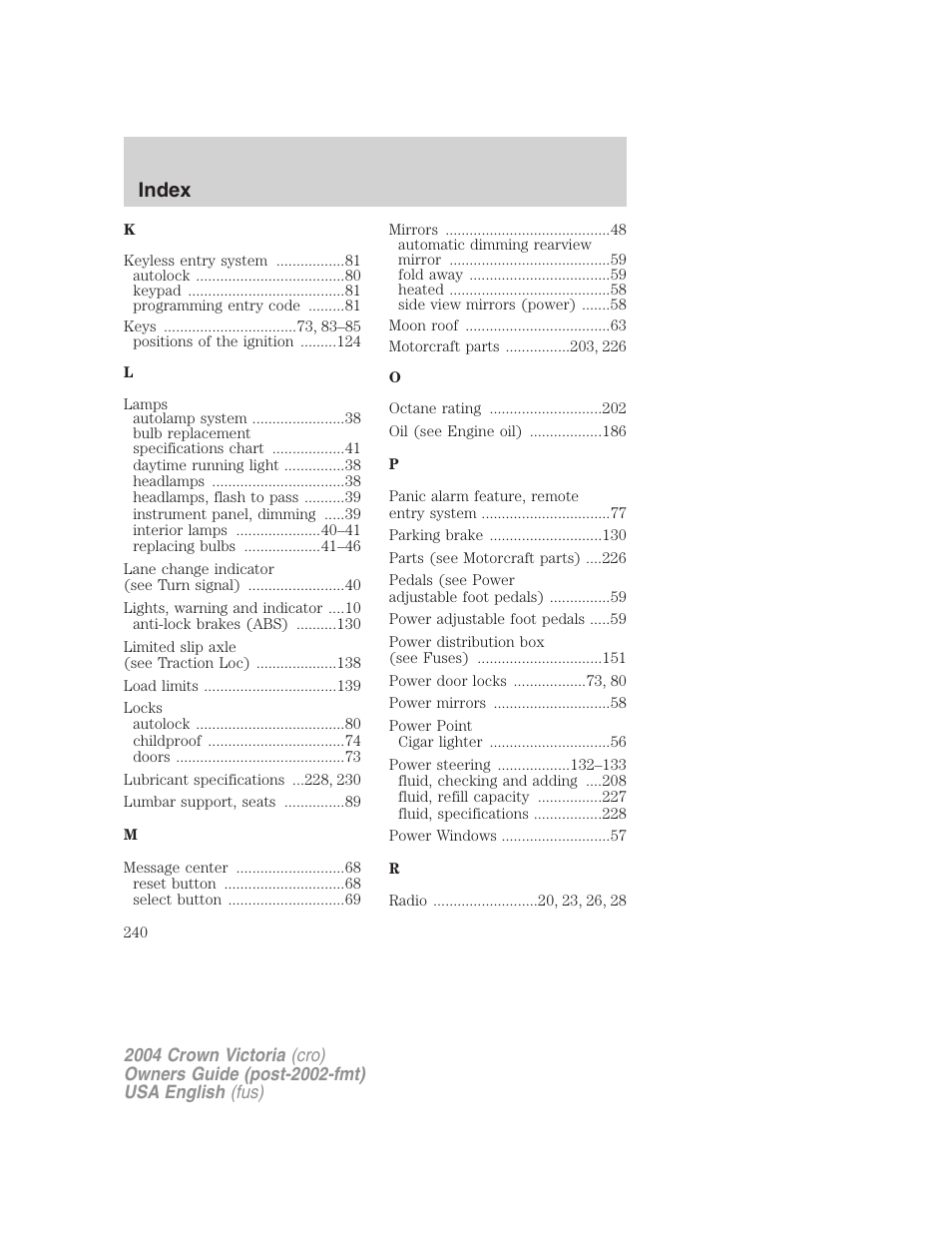 Index | FORD 2004 Crown Victoria v.3 User Manual | Page 240 / 248