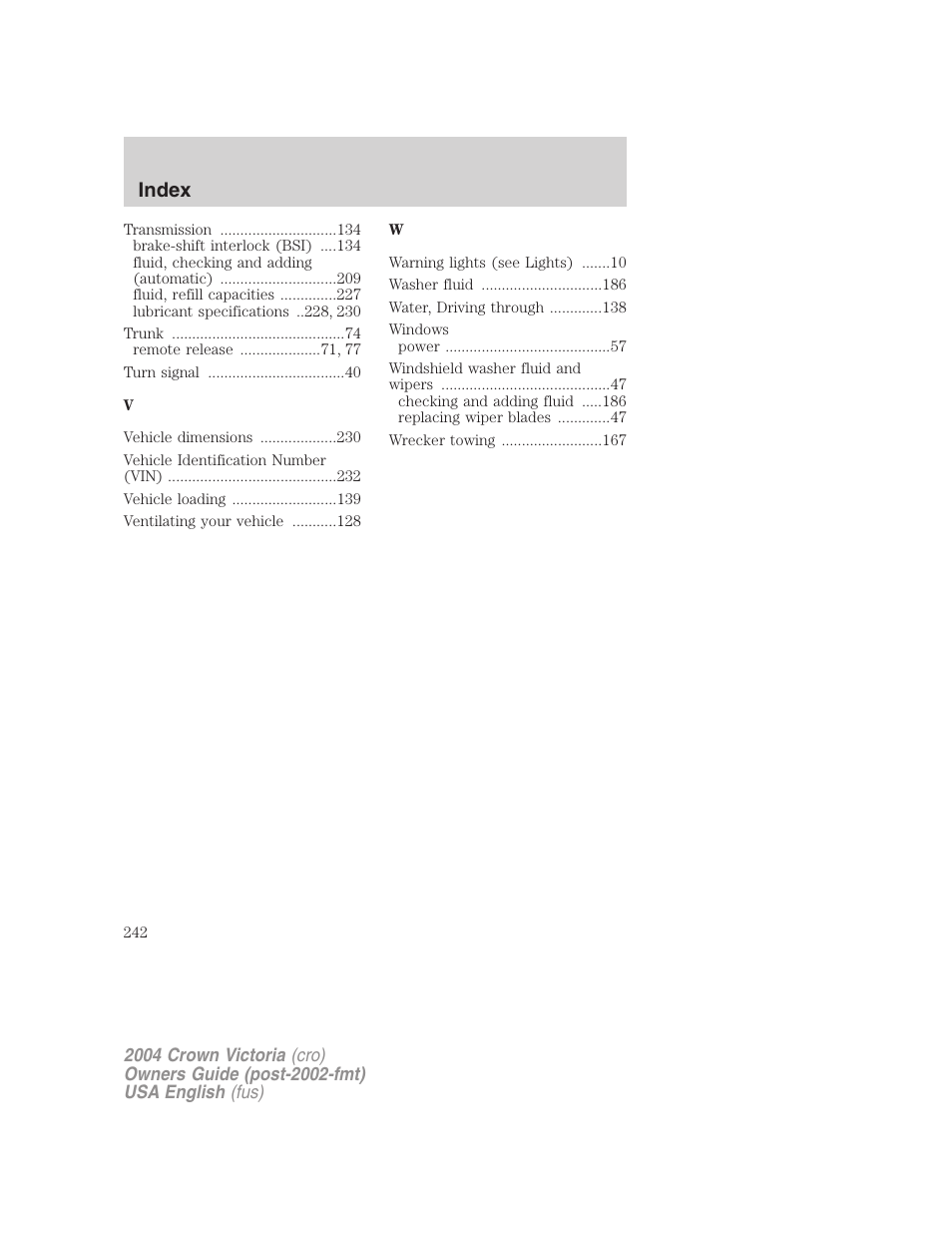 Index | FORD 2004 Crown Victoria v.3 User Manual | Page 242 / 248