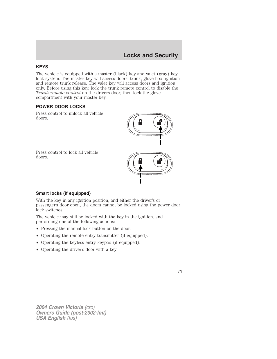 Locks and security | FORD 2004 Crown Victoria v.3 User Manual | Page 73 / 248