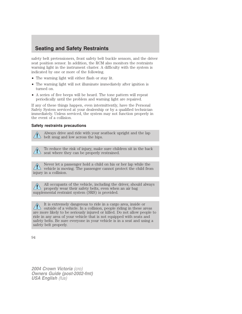 Seating and safety restraints | FORD 2004 Crown Victoria v.3 User Manual | Page 94 / 248