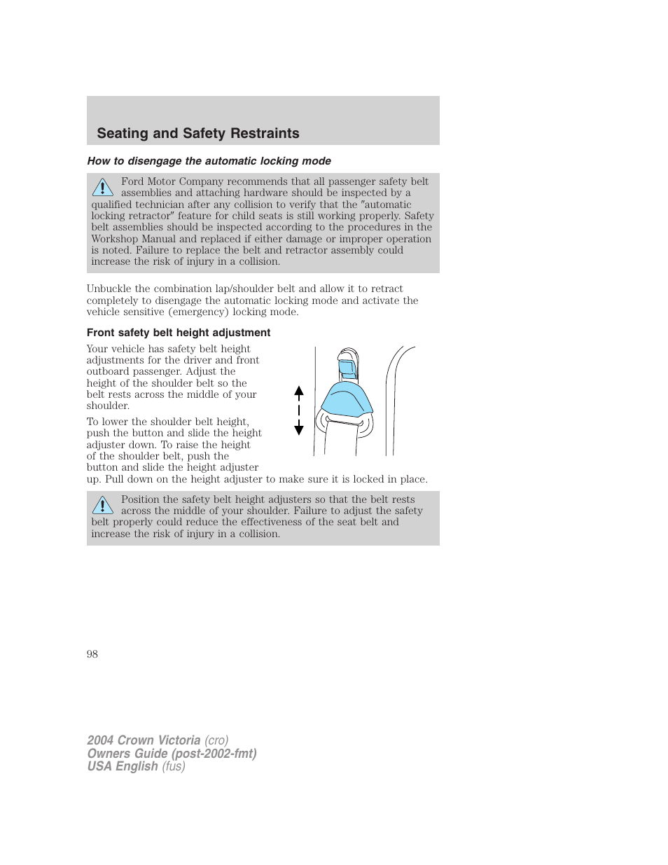 Seating and safety restraints | FORD 2004 Crown Victoria v.3 User Manual | Page 98 / 248