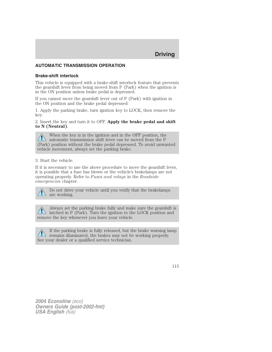 Driving | FORD 2004 E-450 v.1 User Manual | Page 115 / 240