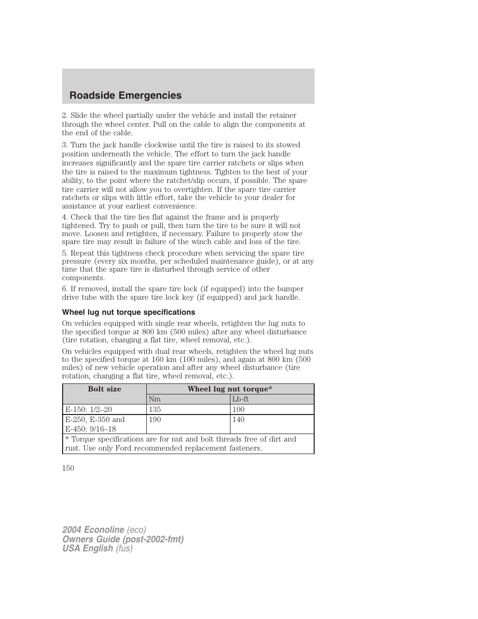 Roadside emergencies | FORD 2004 E-450 v.1 User Manual | Page 150 / 240