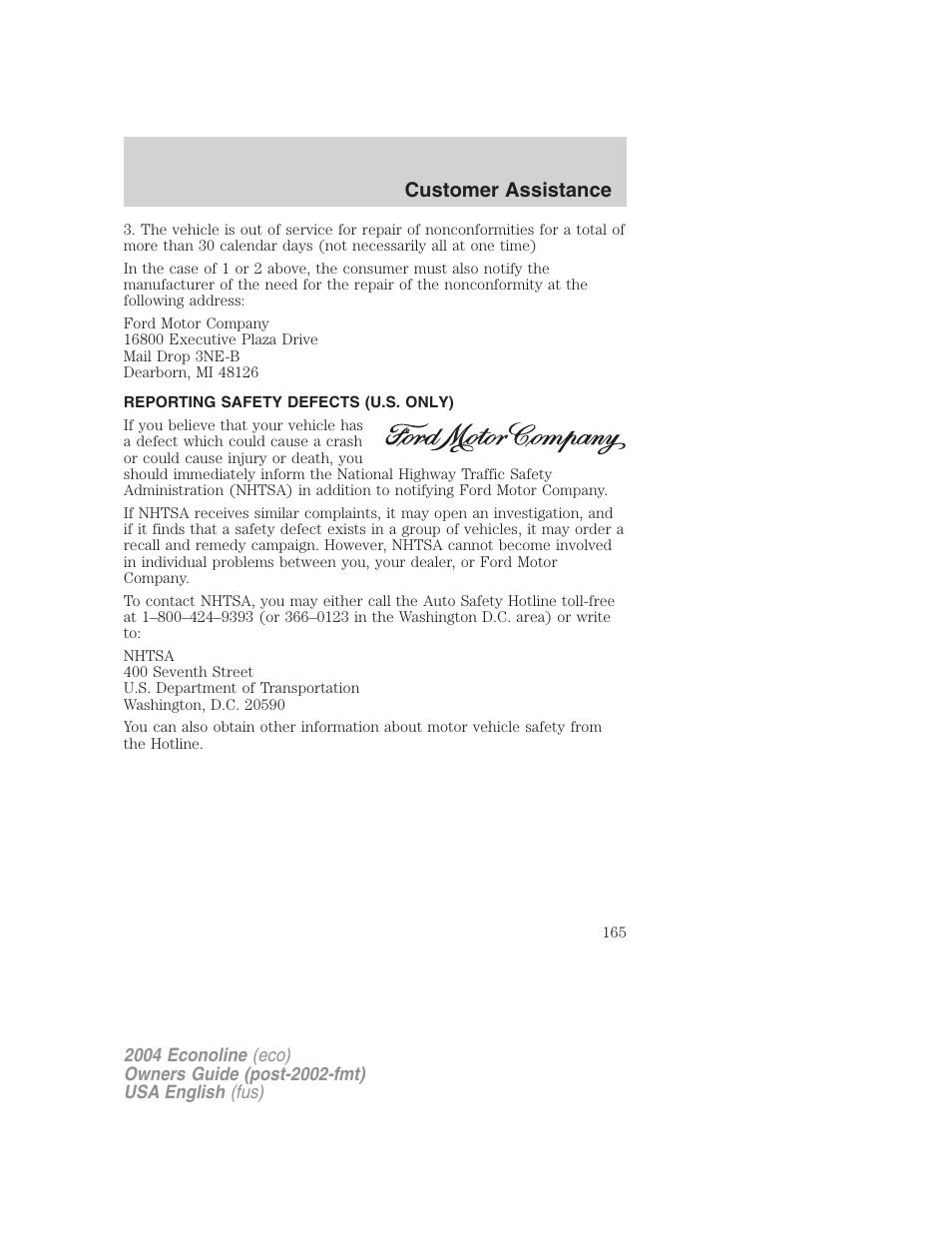 Customer assistance | FORD 2004 E-450 v.1 User Manual | Page 165 / 240