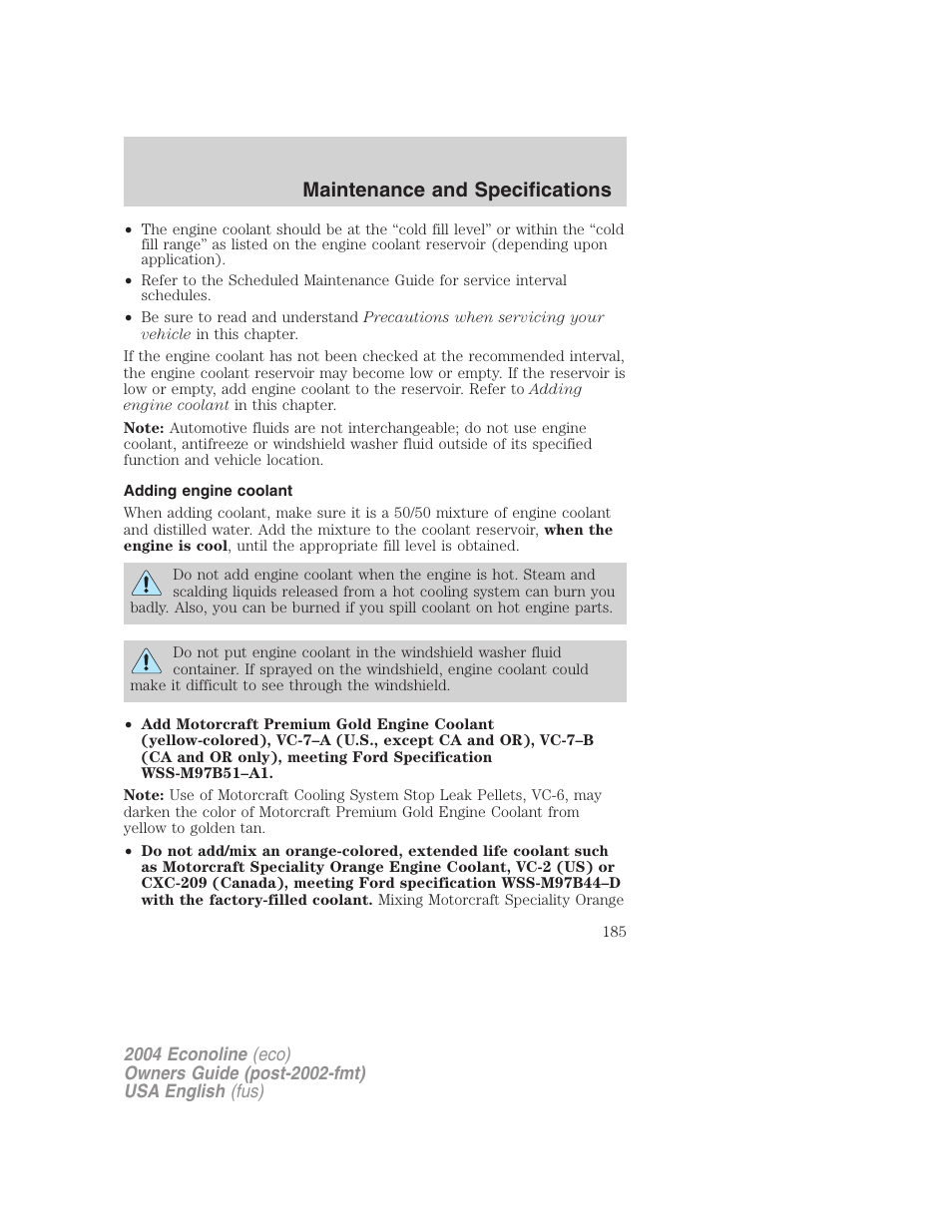 Maintenance and specifications | FORD 2004 E-450 v.1 User Manual | Page 185 / 240