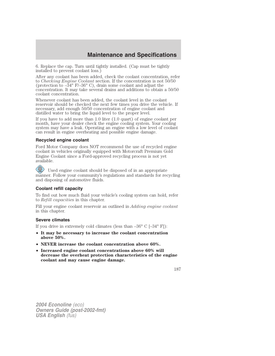 Maintenance and specifications | FORD 2004 E-450 v.1 User Manual | Page 187 / 240