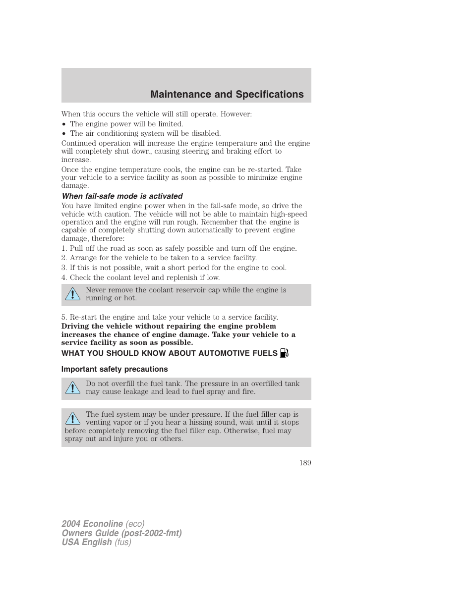 Maintenance and specifications | FORD 2004 E-450 v.1 User Manual | Page 189 / 240