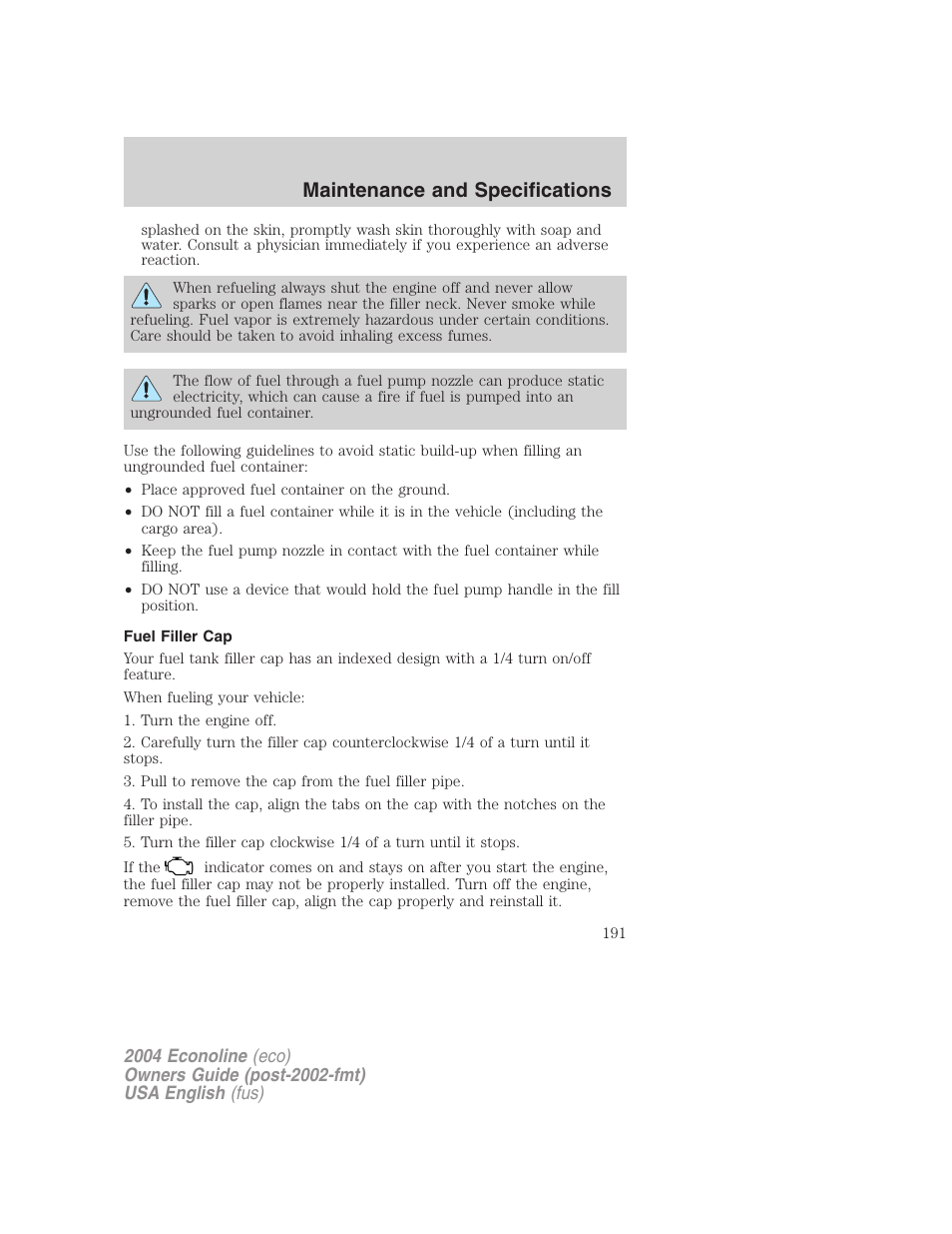 Maintenance and specifications | FORD 2004 E-450 v.1 User Manual | Page 191 / 240