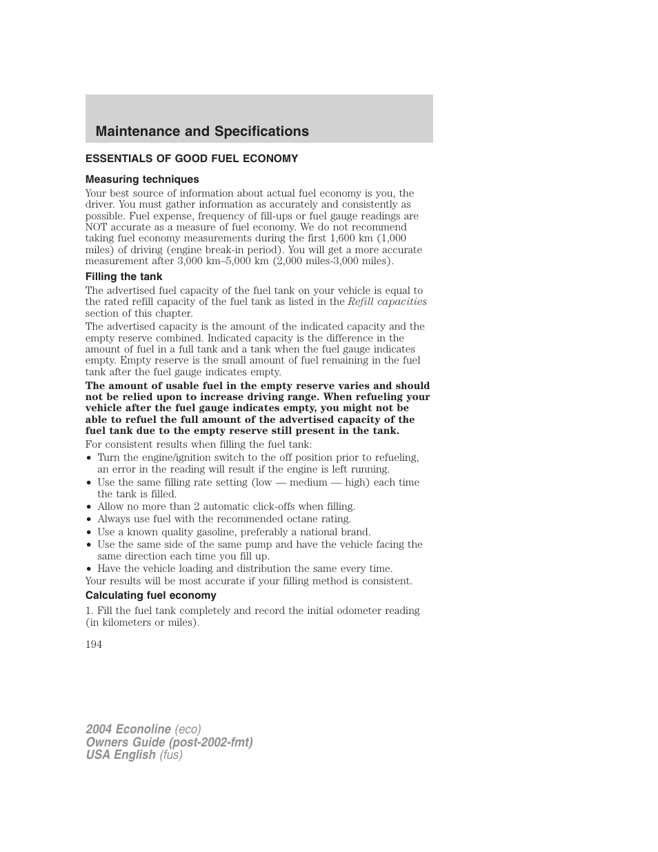 Maintenance and specifications | FORD 2004 E-450 v.1 User Manual | Page 194 / 240