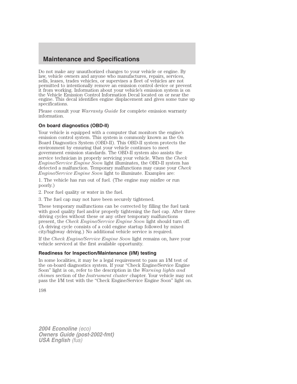 Maintenance and specifications | FORD 2004 E-450 v.1 User Manual | Page 198 / 240