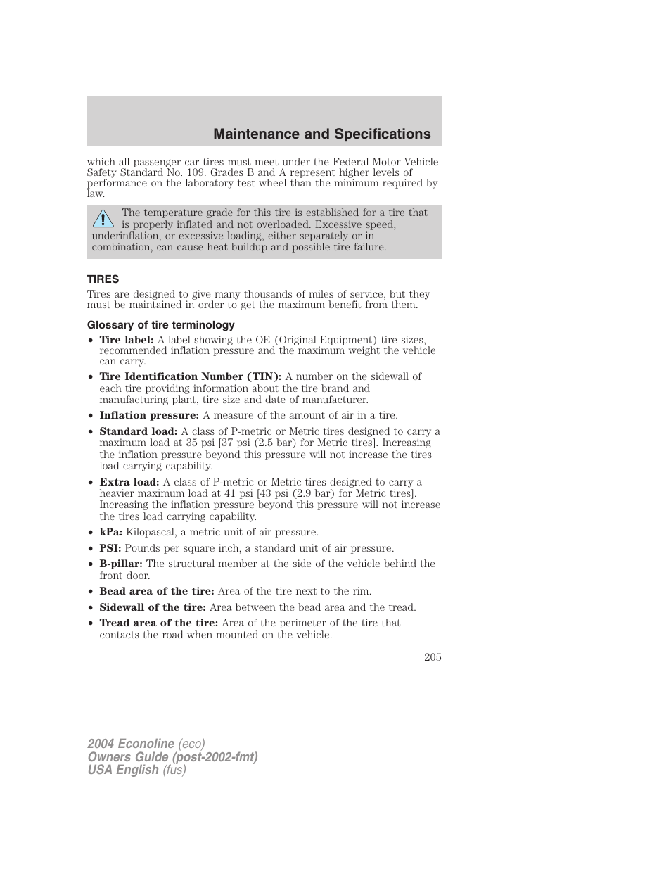 Maintenance and specifications | FORD 2004 E-450 v.1 User Manual | Page 205 / 240