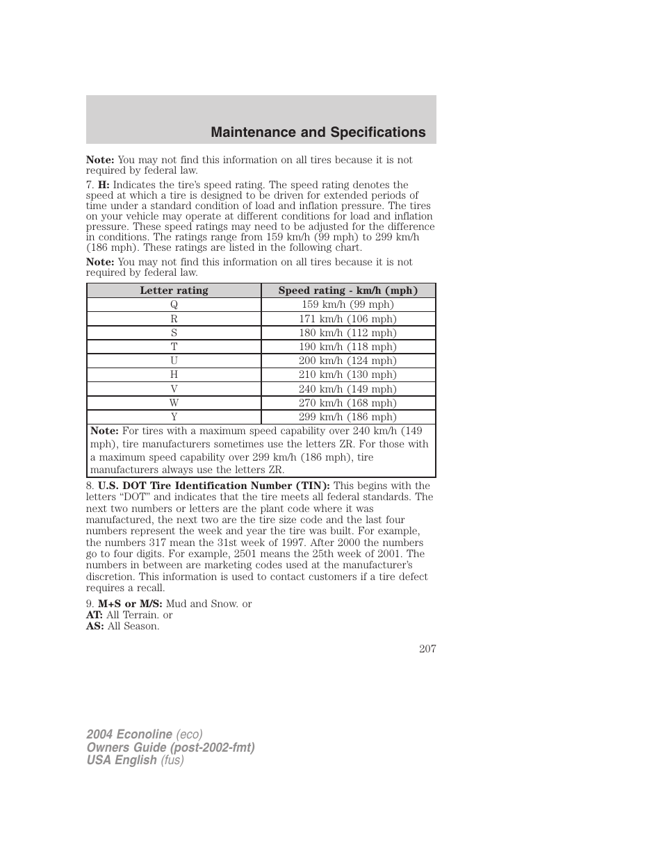 Maintenance and specifications | FORD 2004 E-450 v.1 User Manual | Page 207 / 240