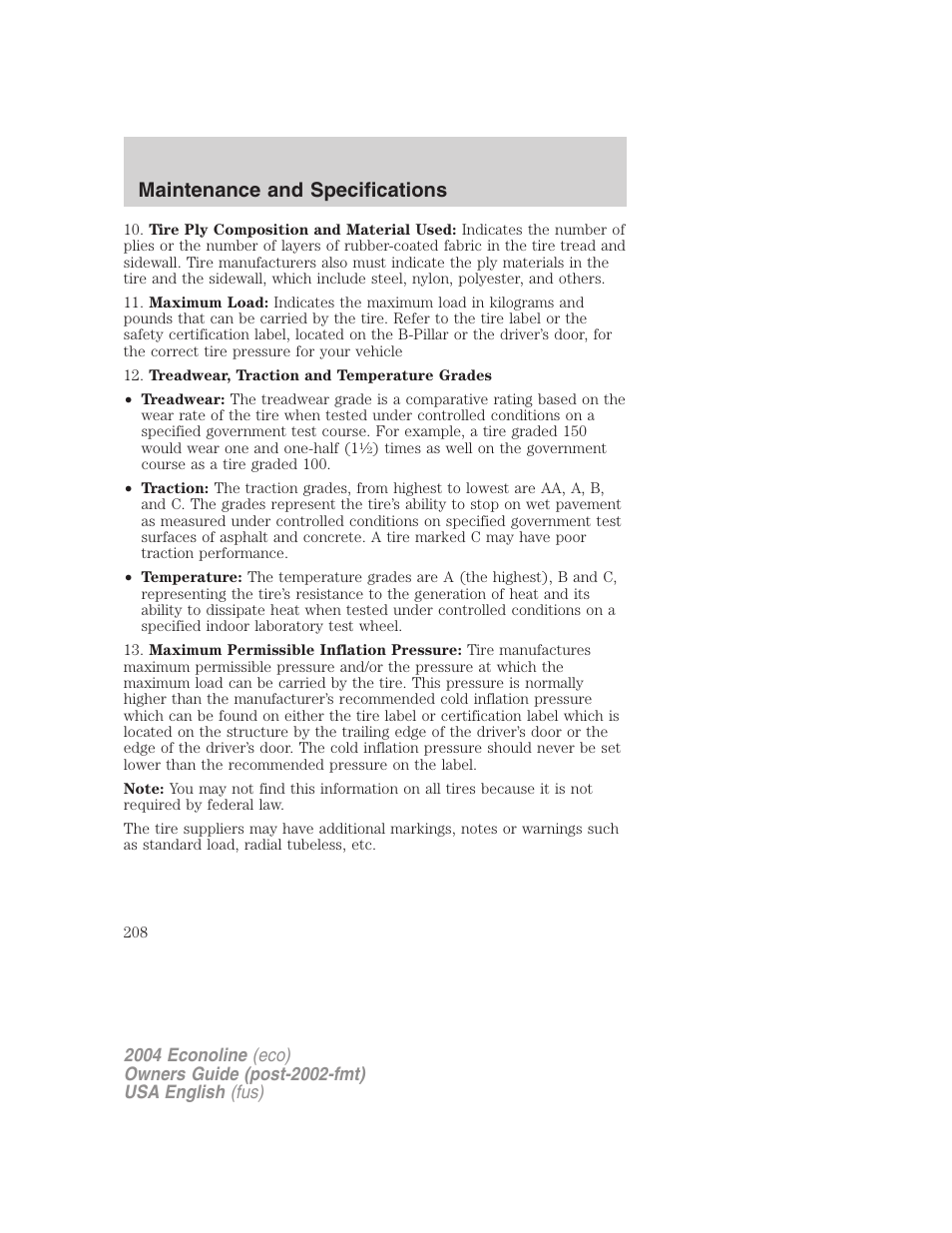 Maintenance and specifications | FORD 2004 E-450 v.1 User Manual | Page 208 / 240