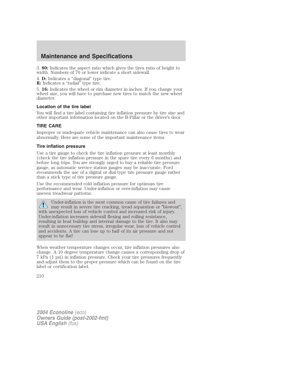 Maintenance and specifications | FORD 2004 E-450 v.1 User Manual | Page 210 / 240