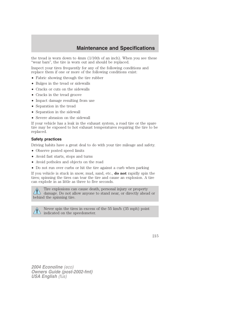 Maintenance and specifications | FORD 2004 E-450 v.1 User Manual | Page 215 / 240