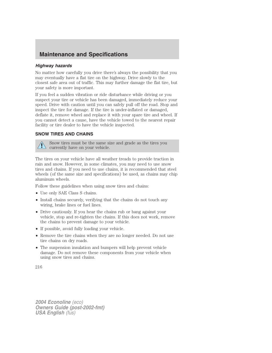 Maintenance and specifications | FORD 2004 E-450 v.1 User Manual | Page 216 / 240