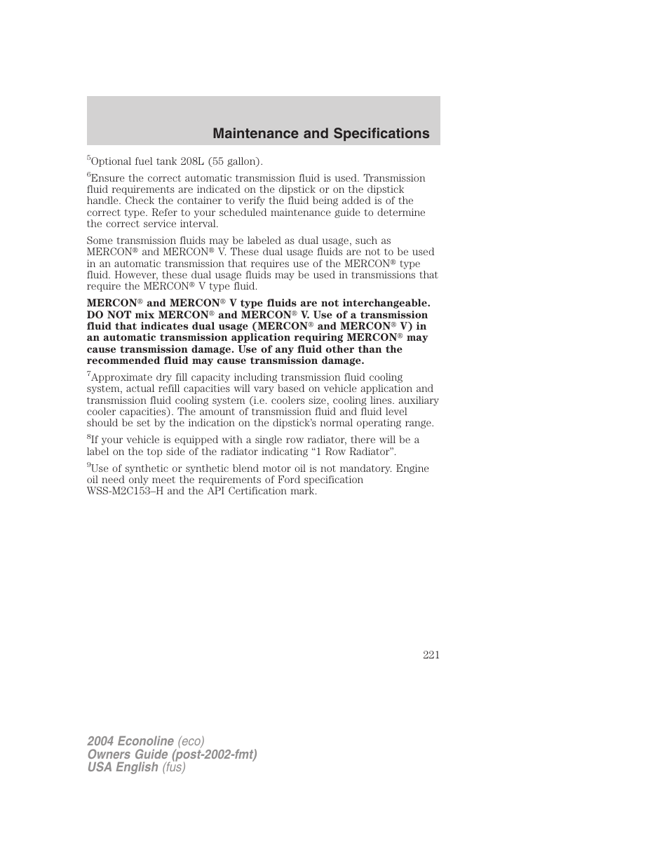 Maintenance and specifications | FORD 2004 E-450 v.1 User Manual | Page 221 / 240