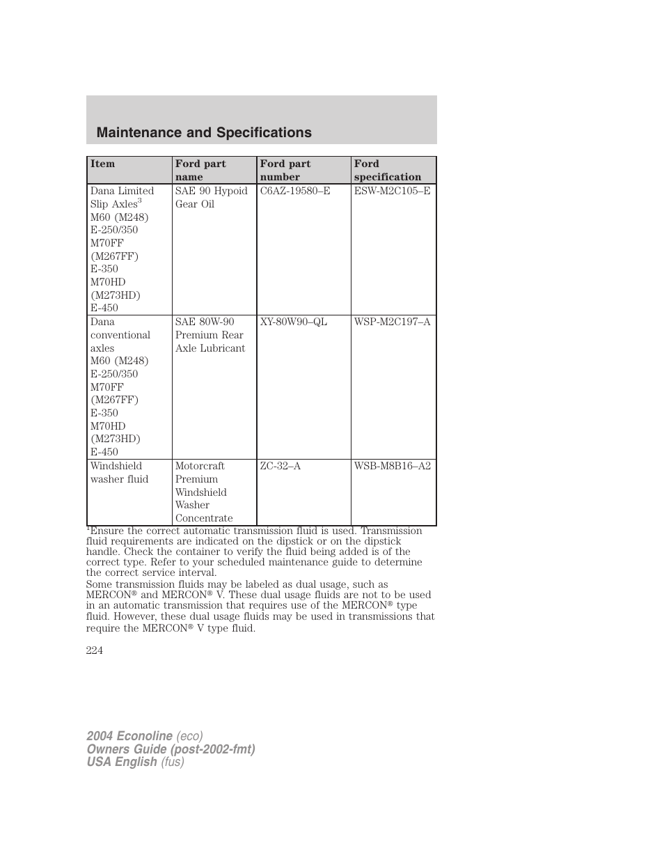 Maintenance and specifications | FORD 2004 E-450 v.1 User Manual | Page 224 / 240