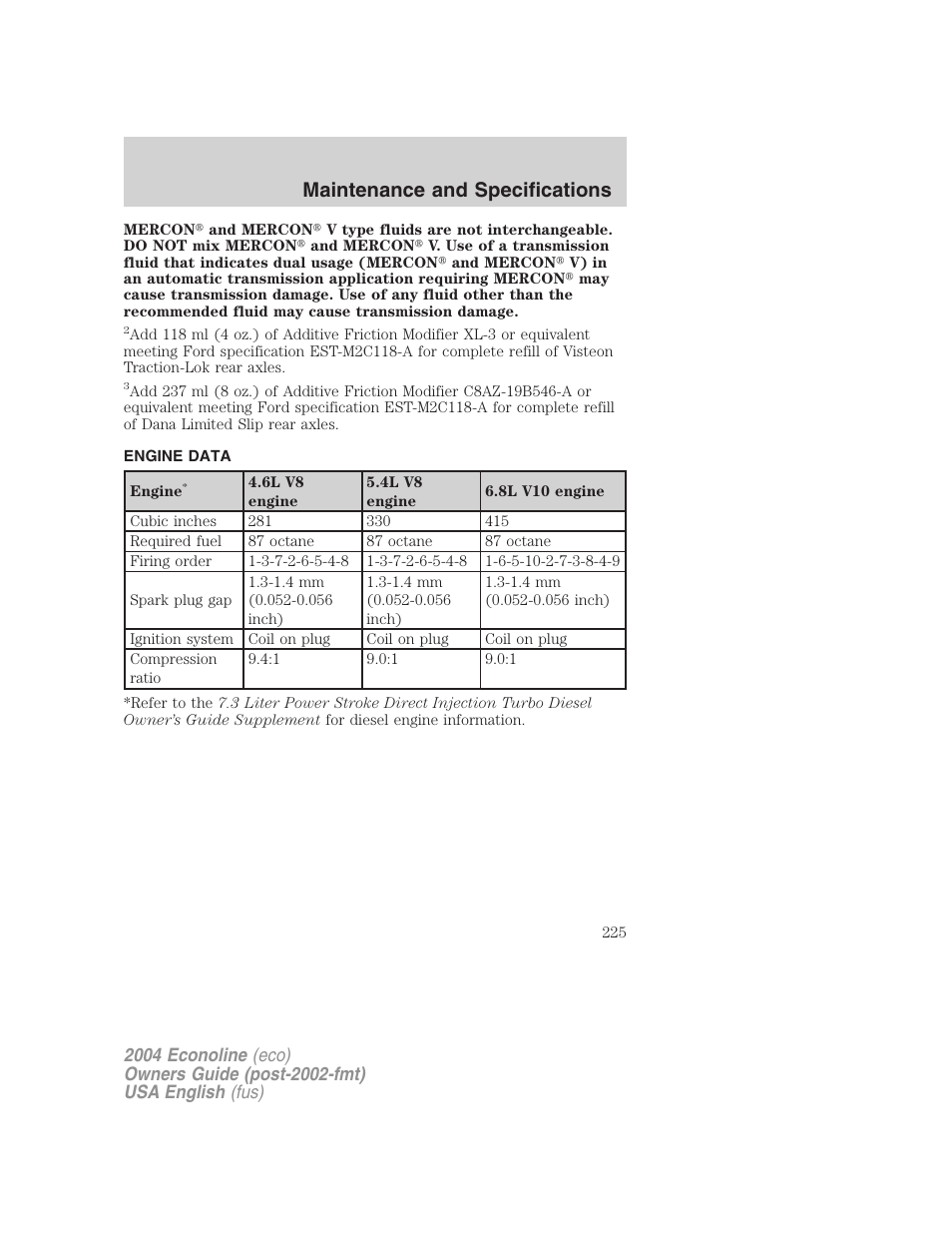 Maintenance and specifications | FORD 2004 E-450 v.1 User Manual | Page 225 / 240