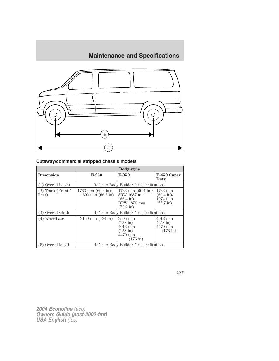 Maintenance and specifications | FORD 2004 E-450 v.1 User Manual | Page 227 / 240